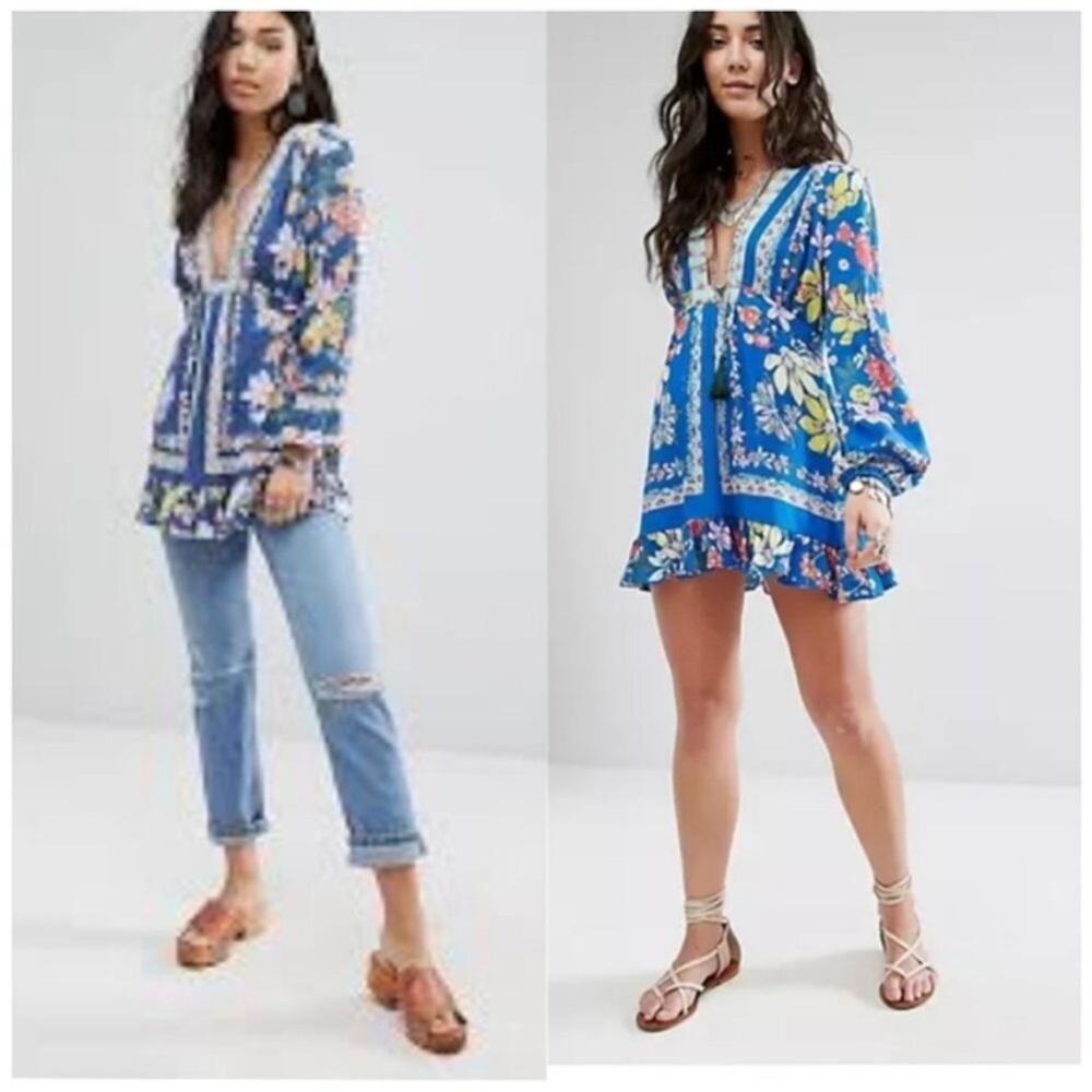 FREE PEOPLE Blue Violet Hill Floral Tropical V-Neck Plunge Tunic Dress EUC sz 4